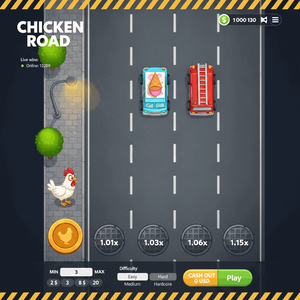 Chicken Road Crash-Spiel von InOut – eine Cartoon-Henne überquert eine mehrspurige Straße mit Autos, während Multiplikatoren auf Kanaldeckeln angezeigt werden. Das Spiel zeigt eine Vogelperspektive mit grauer Fahrbahn, weißen Fahrbahnmarkierungen, Bäumen am Straßenrand und einem dunklen Spielinterface mit Einsatz- und Auszahlungskontrollen.
