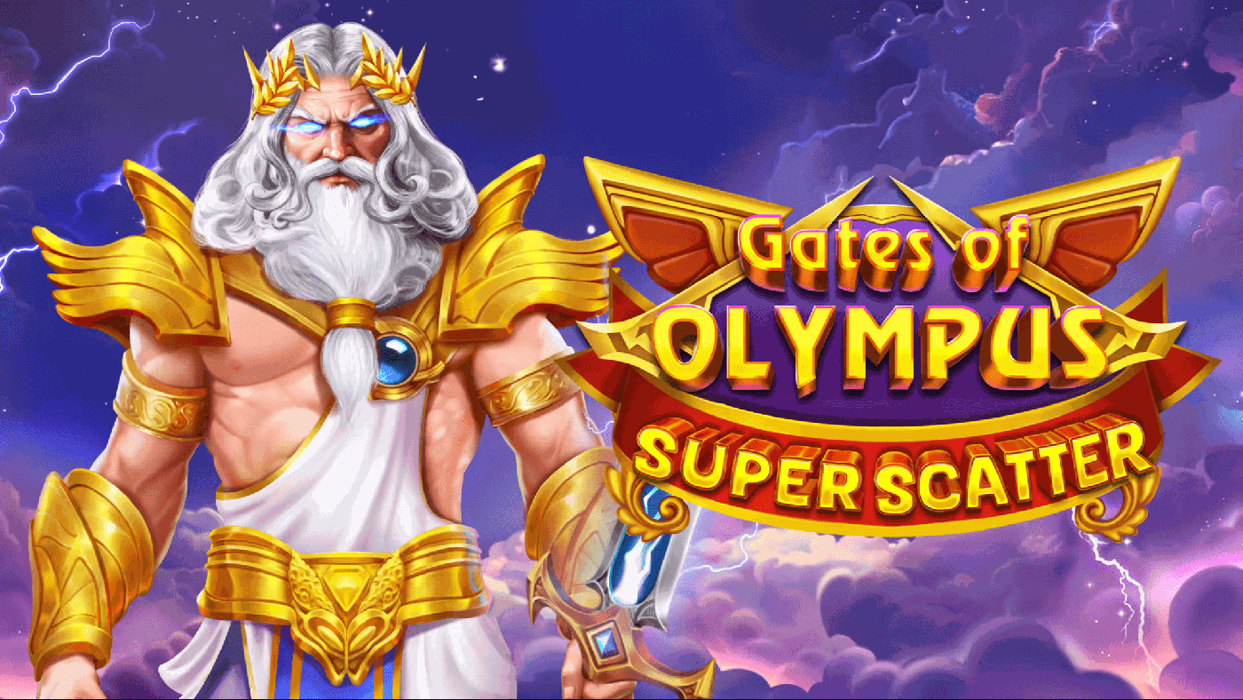 Zeus thront auf goldverzierten Wolken ueber dem 6x5 Walzenfeld von Gates of Olympus Super Scatter, umgeben von gruenem Erdglobus-Symbol, violettem Kristalldreieck, blauem Diamant und goldener Muenze vor dunklem Weinrot-Hintergrund im goldenen Rahmen